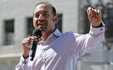 Dilawar Syed, president of the software company Freshdesk, speaks during a Tech Stands Up rally outside City Hall in Palo Alto, California, March 14, 2017. (Eric Risberg/AP)