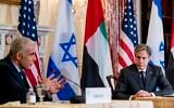 Foreign Minister Yair Lapid, left, accompanied by US Secretary of State Antony Blinken, right, speaks at a joint news conference at the State Department in Washington, Wednesday, Oct. 13, 2021. (AP Photo/Andrew Harnik, Pool)
