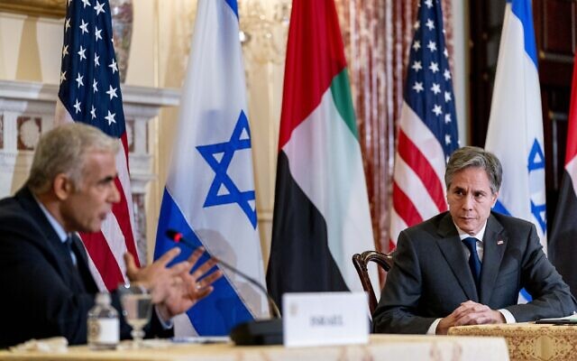 Foreign Minister Yair Lapid, left, accompanied by US Secretary of State Antony Blinken, right, speaks at a joint news conference at the State Department in Washington, Wednesday, Oct. 13, 2021. (AP Photo/Andrew Harnik, Pool) Foreign Minister Yair Lapid, left, accompanied by US Secretary of State Antony Blinken, right, speaks at a joint news conference at the State Department in Washington, Wednesday, Oct. 13, 2021. (AP Photo/Andrew Harnik, Pool)