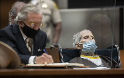 Robert Durst, seated with attorney Dick DeGuerin, is sentenced to life without possibility of parole for the killing of Susan Berman, at the Airport Courthouse in Los Angeles,  October 14, 2021. (Myung J. Chung/Los Angeles Times via AP, Pool)