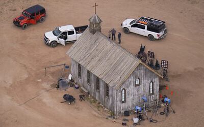 This aerial photo shows a film set at the Bonanza Creek Ranch in Santa Fe, N.M., Saturday, Oct. 23, 2021. Actor Alec Baldwin fired a prop gun on the set of a Western being filmed at the ranch on Thursday, Oct. 21, killing the cinematographer, officials said. (AP Photo/Jae C. Hong)