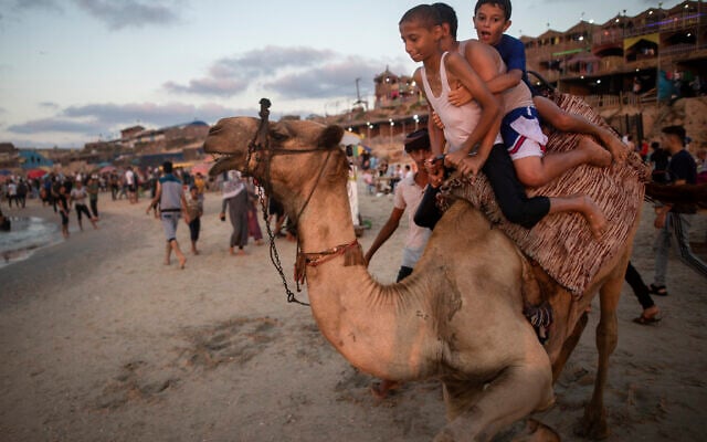 Palestinian children react as they ride a camel on the beach of Gaza City,Aug. 20, 2021. (AP Photo/Khalil Hamra)