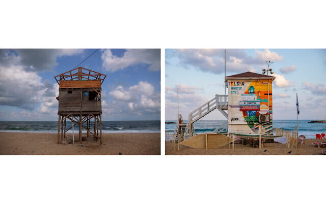A wooden lifeguards station is seen on the beach of Gaza City, Sept. 27, 2021, left, and a lifeguard station is seen on the Mediterranean Sea beachfront early morning in Tel Aviv, Israel, Aug. 17, 2021, right (AP Photo/Oded Balilty, right, Khalil Hamra, left)