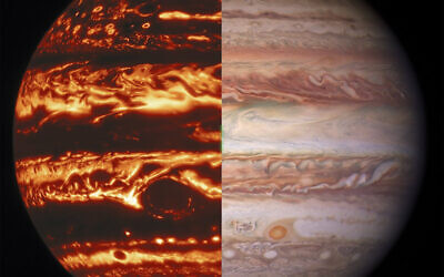 This combination of images provided by NASA on Thursday, Oct. 28, 2021 shows the planet Jupiter seen by the Juno probe's microwave radiometer, left, and in visible light, captured by the Gemini Observatory. The Great Red Spot, a storm so big it could swallow Earth, extends surprisingly deep beneath the planet’s cloud tops, scientists reported Thursday, Oct. 28, 2021. (NASA/JPL-Caltech/SwRI/MSSS; Kevin M. Gill; Gemini Observatory via AP)