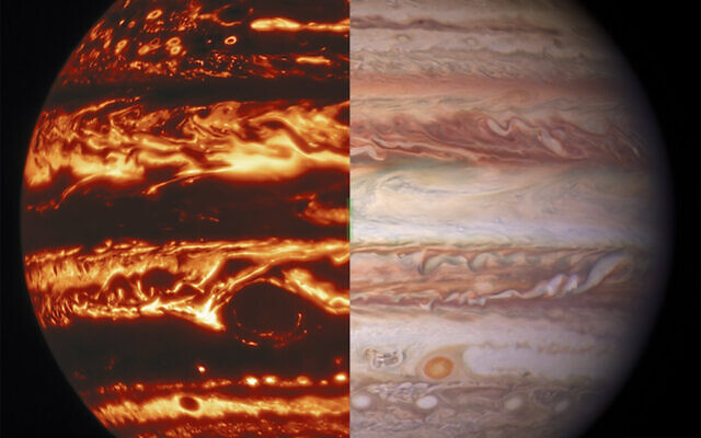 This combination of images provided by NASA on Thursday, Oct. 28, 2021 shows the planet Jupiter seen by the Juno probe's microwave radiometer, left, and in visible light, captured by the Gemini Observatory. The Great Red Spot, a storm so big it could swallow Earth, extends surprisingly deep beneath the planet’s cloud tops, scientists reported Thursday, Oct. 28, 2021. (NASA/JPL-Caltech/SwRI/MSSS; Kevin M. Gill; Gemini Observatory via AP) This combination of images provided by NASA on Thursday, Oct. 28, 2021 shows the planet Jupiter seen by the Juno probe's microwave radiometer, left, and in visible light, captured by the Gemini Observatory. The Great Red Spot, a storm so big it could swallow Earth, extends surprisingly deep beneath the planet’s cloud tops, scientists reported Thursday, Oct. 28, 2021. (NASA/JPL-Caltech/SwRI/MSSS; Kevin M. Gill; Gemini Observatory via AP)