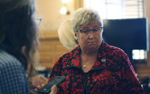 Kansas state Rep. Brenda Landwehr, R-Wichita, speaks with reporters following a legislative committee meeting on federal vaccine mandates, Friday, Oct. 29, 2021, at the Statehouse in Topeka, Kan. Landwehr is chair of the House health committee and likened vaccine mandates to the Holocaust during the committee's meeting. (AP Photo/Andy Tsubasa Field) Kansas state Rep. Brenda Landwehr, R-Wichita, speaks with reporters following a legislative committee meeting on federal vaccine mandates, Friday, Oct. 29, 2021, at the Statehouse in Topeka, Kan. Landwehr is chair of the House health committee and likened vaccine mandates to the Holocaust during the committee's meeting. (AP Photo/Andy Tsubasa Field)
