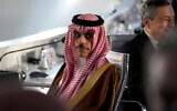 Saudi Arabia's Prince Faisal bin Farhan Al Saud at a round table meeting at the La Nuvola conference center for the G20 summit in Rome, October 30, 2021. (AP Photo/ Andrew Medichini)