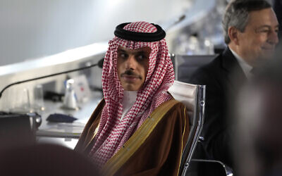 Saudi Arabia's Prince Faisal bin Farhan Al Saud at a round table meeting at the La Nuvola conference center for the G20 summit in Rome, October 30, 2021. (AP Photo/ Andrew Medichini)