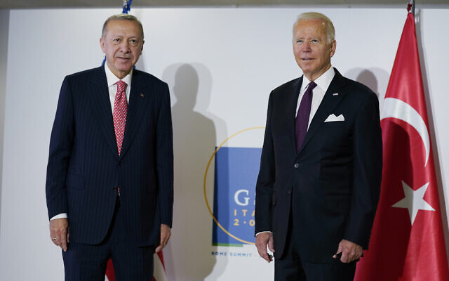 US President Joe Biden, right, meets with Turkish President Recep Tayyip Erdogan during the G20 leaders summit, October 31, 2021, in Rome. (Evan Vucci/AP) US President Joe Biden, right, meets with Turkish President Recep Tayyip Erdogan during the G20 leaders summit, October 31, 2021, in Rome. (Evan Vucci/AP)