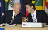 Then-US vice president Joe Biden (left) talks with State Department Special Envoy for International Energy Affairs Amos Hochstein during the Caribbean Energy Security Summit, at the State Department in Washington, DC, on January 26, 2015. (Pablo Martinez Monsivais/AP)