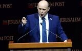 Prime Minister Naftali Bennett speaks at the Jerusalem Post conference in Jerusalem, October 12, 2021 (Kobi Gideon, GPO)