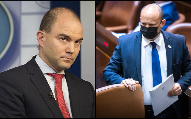 Former Deputy National Security Adviser Ben Rhodes (left) to then-US president Barack Obama in the White House, on April 7, 2015; Prime Minister Naftali Bennett (right) at the Knesset, on October 18, 2021. (AP Photo/Pablo Martinez Monsivais; Olivier Fitoussi/Flash90) Former Deputy National Security Adviser Ben Rhodes (left) to then-US president Barack Obama in the White House, on April 7, 2015; Prime Minister Naftali Bennett (right) at the Knesset, on October 18, 2021. (AP Photo/Pablo Martinez Monsivais; Olivier Fitoussi/Flash90)