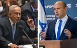 Likud leader Benjamin Netanyahu (left) and then-prime minister Naftali Bennett. (Menahem Kahana/AFP; Yonatan Sindel/ Flash90)