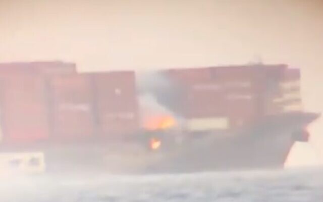 Screen capture from video of a fire aboard the Israeli-owned container ship, MV Zim Kingston, off the coast of Canada, October 24, 2021. (Twitter) Screen capture from video of a fire aboard the Israeli-owned container ship, MV Zim Kingston, off the coast of Canada, October 24, 2021. (Twitter)