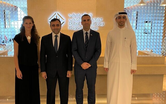 From left to right: Michal Seror, Director of Community Development at Start-Up Nation Central, Salmaan Jaffery, DIFC Chief Business Development Officer, Eliran Elimelech VP Strategic Partnerships at Start-Up Nation Central, Mohammad Alblooshi, DIFC Sector Head – FinTech and Innovation. (Courtesy/ Start-Up Nation Central) From left to right: Michal Seror, Director of Community Development at Start-Up Nation Central, Salmaan Jaffery, DIFC Chief Business Development Officer, Eliran Elimelech VP Strategic Partnerships at Start-Up Nation Central, Mohammad Alblooshi, DIFC Sector Head – FinTech and Innovation. (Courtesy/ Start-Up Nation Central)