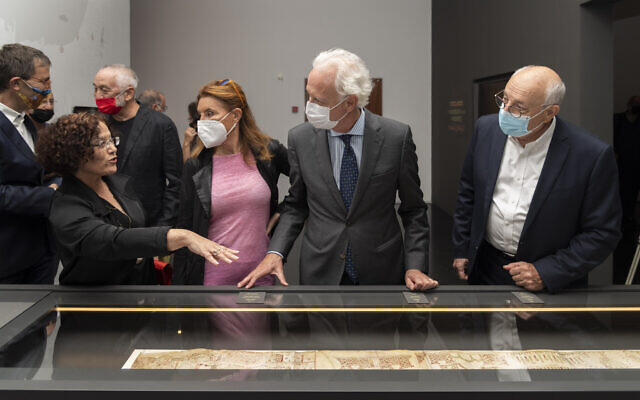 At the opening of the 'Painting a Pilgrimage' exhibit on October 6, 2021 at the Israel Museum, director Ido Bruno (far left), curator Rachel Sarfati (second from left), Italian ambassador Barbanti and Kathleen Nicol Barbanti (Courtesy Laura Lachman)