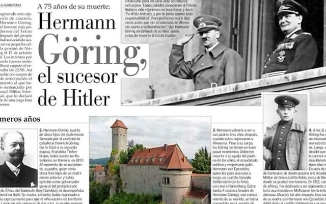 The Oct. 24, 2021 edition of Chile's El Mercurio newspaper featured an article on Hermann Göring. (Screenshot via JTA) The Oct. 24, 2021 edition of Chile's El Mercurio newspaper featured an article on Hermann Göring. (Screenshot via JTA)