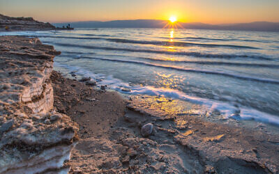 A view of salt covered land at the Dead Sea, on September 2, 2016. Many facilities and beaches have closed in recent years as the sea shrinks (Edi Israel/Flash90)