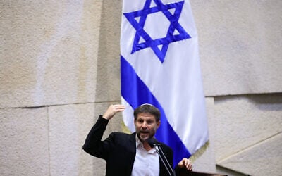 Religious Zionism party head Bezalel Smotrich addresses a Knesset plenum session on the state budget on September 2, 2021. (Olivier Fitoussi/Flash90)