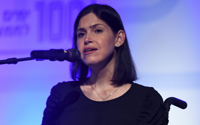 Energy Minister Karin Elharrar speaks at  a Yesh Atid party conference in Shefayim, September 22, 2021. (Gili Yaari/Flash90)