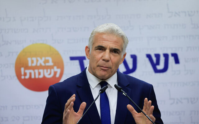 Yesh Atid party leader Yair Lapid speaks during a faction meeting at the Knesset in Jerusalem, October 4, 2021. (Oliiver Fitoussi/Flash90) Yesh Atid party leader Yair Lapid speaks during a faction meeting at the Knesset in Jerusalem, October 4, 2021. (Oliiver Fitoussi/Flash90)