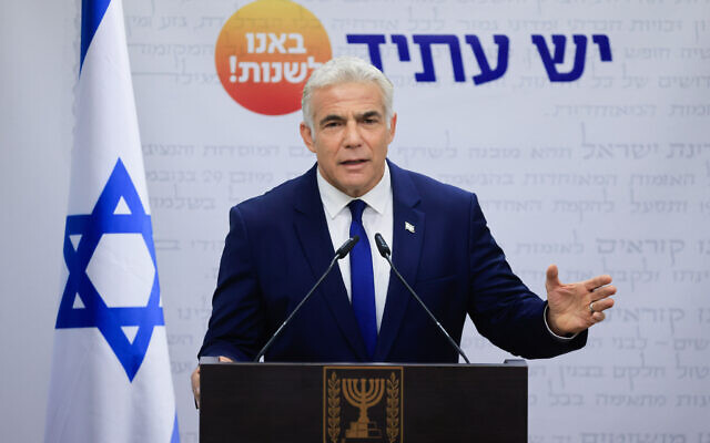 Yesh Atid party leader Yair Lapid speaks during a faction meeting at the Knesset on October 4, 2021. (Olivier Fitoussi/Flash90) Yesh Atid party leader Yair Lapid speaks during a faction meeting at the Knesset on October 4, 2021. (Olivier Fitoussi/Flash90)