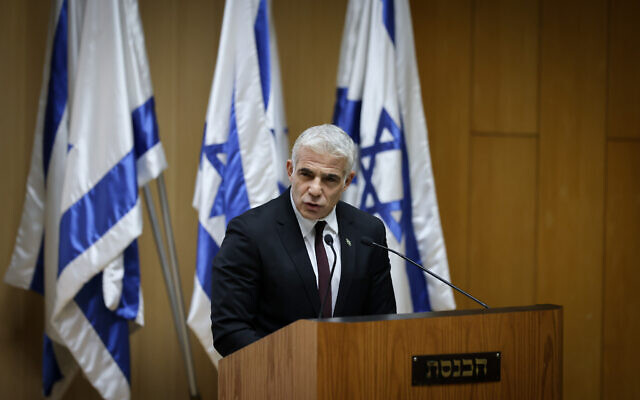 Foreign Minister Yair Lapid speaks at an event launching a Knesset caucus dedicated to the Abraham Accords, in Jerusalem, October 11, 2021. (Yonatan Sindel/Flash90) Foreign Minister Yair Lapid speaks at an event launching a Knesset caucus dedicated to the Abraham Accords, in Jerusalem, October 11, 2021. (Yonatan Sindel/Flash90)