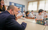 Prime Minister Naftali Bennett visits students at the Ramon School in Modi'in, on October 12, 2021.(Yossi Aloni/Flash90)