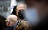 Defense Minister Benny Gantz attends a memorial ceremony for former prime minister Itzhak Rabin's assassination, at the president's residence in Jerusalem, on October 18, 2021. (Yonatan Sindel/Flash90)