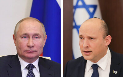 Right: Prime Minister Naftali Bennett leads a cabinet meeting at the Prime Minister's Office in Jerusalem on October 5, 2021. (Alex Kolomoisky/ Pool) Left: Russian President Vladimir Putin attends a session of the 17th Russia-Kazakhstan Interregional Cooperation Forum via video link at the Novo-Ogaryovo state residence outside Moscow, Russia, September 30, 2021. (Evgeniy Paulin, Sputnik, Kremlin Pool Photo via AP)