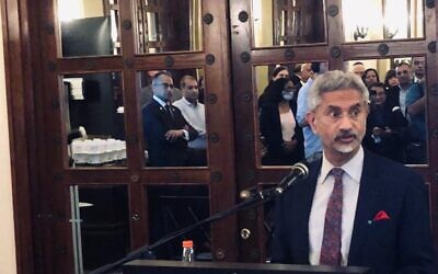 Indian Foreign Minister Subrahmanyam Jaishankar speaks to Indian-Israelis at the King David Hotel in Jerusalem, October 17, 2021. (Lazar Berman, Times of Israel)