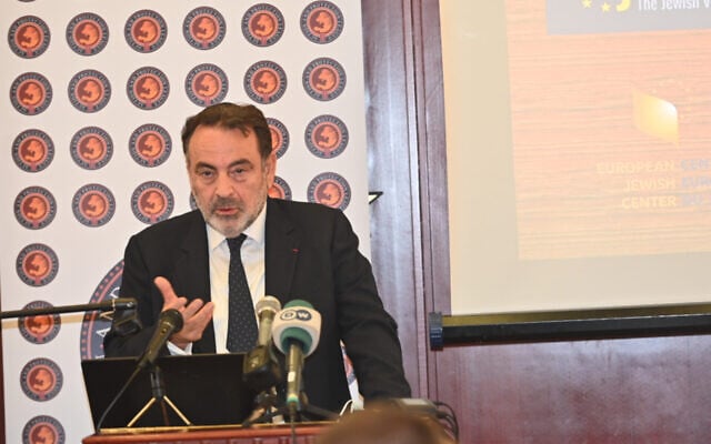 Joel Mergui speaks at a European Jewish Association conference in Brussels, Belgium on Oct. 12, 2021. (Cnaan Liphshiz/JTA) Joel Mergui speaks at a European Jewish Association conference in Brussels, Belgium on Oct. 12, 2021. (Cnaan Liphshiz/JTA)