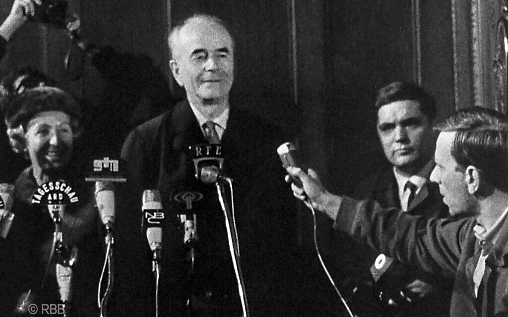 Albert Speer speaks to the press after being released from Spandau Prison, Berlin, 1966. (Realworks LTD)