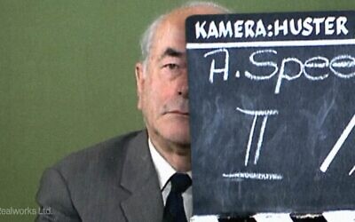 Albert Speer with clapper board, as he is about to be filmed for a television interview, 1971. (Realworks LTD)