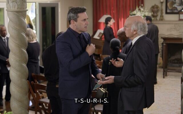 L-R: Jon Hamm and Larry David discuss Yiddish words during the first episode of Season 11 of "Curb Your Enthusiasm." (Screenshot from HBO via JTA) L-R: Jon Hamm and Larry David discuss Yiddish words during the first episode of Season 11 of "Curb Your Enthusiasm." (Screenshot from HBO via JTA)