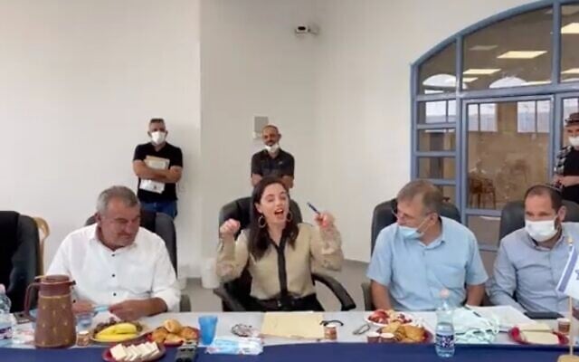 Screen capture from video of Interior Minister Ayelet Shaked, center, announcing that Maghar had become the first Druze city in Israel, October 26, 2021. (Twitter) Screen capture from video of Interior Minister Ayelet Shaked, center, announcing that Maghar had become the first Druze city in Israel, October 26, 2021. (Twitter)
