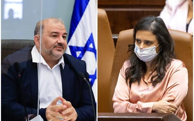 Ra'am chief Mansour Abbas in the Knesset, on October 4, 2021; Interior Minister Ayelet Shaked in the Knesset, on October 18, 2021. (Olivier Fitoussi/Flash90) Ra'am chief Mansour Abbas in the Knesset, on October 4, 2021; Interior Minister Ayelet Shaked in the Knesset, on October 18, 2021. (Olivier Fitoussi/Flash90)