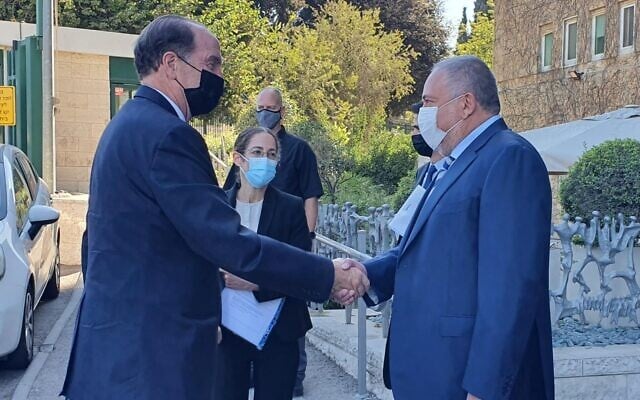 Finance Minister Avigdor Liberman (R) and World Bank President David Malpass outside the Finance Ministry in Jerusalem on October 6, 2021. (Finance Ministry) Finance Minister Avigdor Liberman (R) and World Bank President David Malpass outside the Finance Ministry in Jerusalem on October 6, 2021. (Finance Ministry)