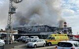 A fire at the Z Center shopping mall in the central Israel town of Qalansawe, on October 16, 2021. (Fire and Rescue Services)