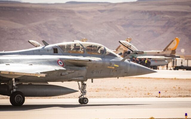 A British Eurofighter rides along the runway during the Israeli Air Force's Blue Flag exercise in October 2021. (Israel Defense Forces)