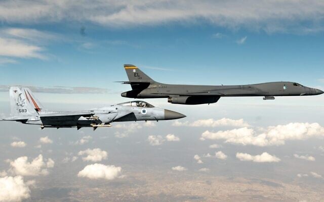 An Israeli F-15 fighter jet escorts an American B-1b heavy bomber through Israeli airspace on October 30, 2021. (Israel Defense Forces)
