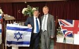 Sir David Amess (right) joins members of the Southend and District Reform Synagogue, in his constituency, to celebrate Israel's 70th Independence Day on April 21, 2018. (Courtesy)