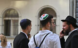 Hungarian Jews celebrate the opening of a new synagogue in Budapest on Aug. 27, 2021. (Cnaan Liphshiz via JTA)