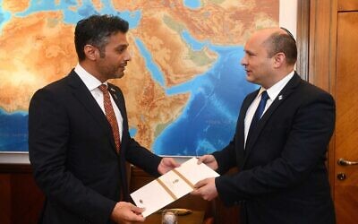 UAE Ambassador to Israel Muhammad Al Khajah with Prime Minister Naftali Bennett, October 19, 2021 (Haim Tzah/GPO) UAE Ambassador to Israel Muhammad Al Khajah with Prime Minister Naftali Bennett, October 19, 2021 (Haim Tzah/GPO)