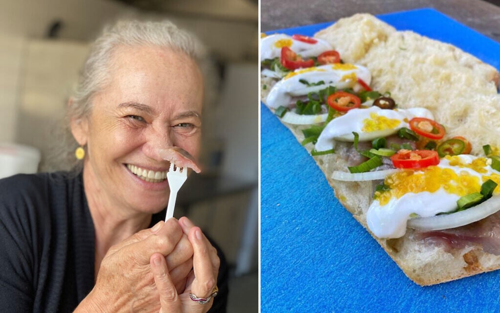 Sherry Ansky (left), namesake and founder of the Tel Aviv sandwich shop Sherry Herring, clowns with a bit of herring, the main ingredient in her signature sandwich (right). (Courtesy/via JTA) Sherry Ansky (left), namesake and founder of the Tel Aviv sandwich shop Sherry Herring, clowns with a bit of herring, the main ingredient in her signature sandwich (right). (Courtesy/via JTA)