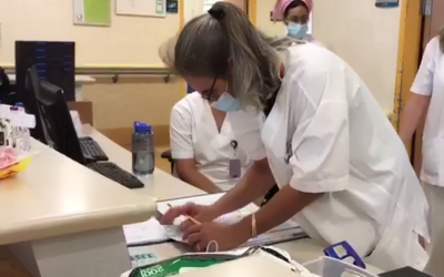 Hospital staff at Hillel Yaffe Medical Center log patient details with pen and paper, following a ransomware cyberattack, October 13, 2021. (Hillel Yaffe Medical Center) Hospital staff at Hillel Yaffe Medical Center log patient details with pen and paper, following a ransomware cyberattack, October 13, 2021. (Hillel Yaffe Medical Center)
