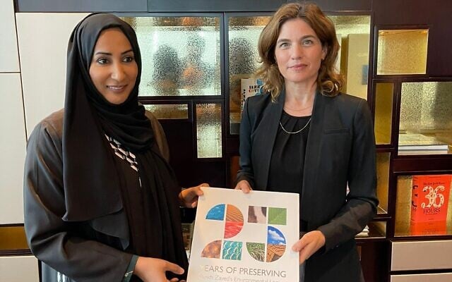 Environment Minister Tamar Zandberg meets with Dr. Shaikha Salem Al Dhaheri, secretary general of the Abu Dhabi Environment Agency, in Dubai on October 4, 2021. (Israeli Consulate in Dubai) Environment Minister Tamar Zandberg meets with Dr. Shaikha Salem Al Dhaheri, secretary general of the Abu Dhabi Environment Agency, in Dubai on October 4, 2021. (Israeli Consulate in Dubai)