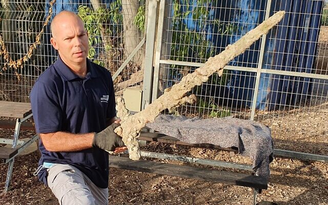 Nir Distelfeld, inspector for the Israel Antiquities Authority, with the Crusader sword. (Anastasia Shapiro/Israel Antiquities Authority)