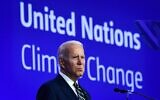 US President Joe Biden delivers a speech on stage during a meeting at the COP26 UN Climate Change Conference in Glasgow, Scotland, on November 1, 2021. (Brendan Smialowski / AFP)
