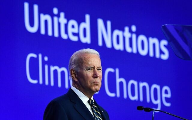 US President Joe Biden delivers a speech on stage during a meeting at the COP26 UN Climate Change Conference in Glasgow, Scotland, on November 1, 2021. (Brendan Smialowski / AFP) US President Joe Biden delivers a speech on stage during a meeting at the COP26 UN Climate Change Conference in Glasgow, Scotland, on November 1, 2021. (Brendan Smialowski / AFP)